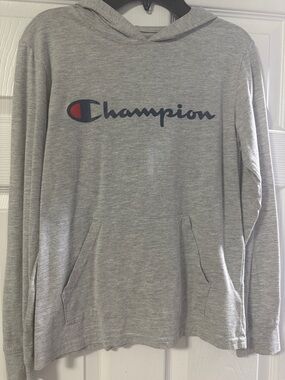Champion Light Gray Crewneck Hoodie with Navy Logo and Red Accent